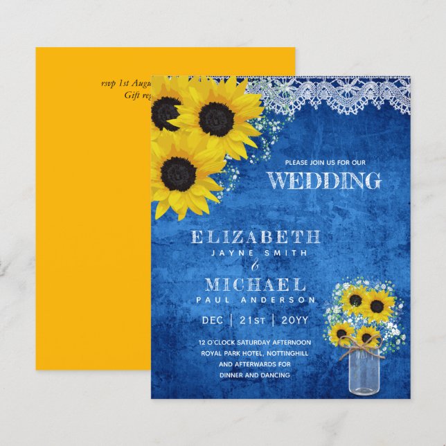 BUDGET Rustic Sunflower BabysBreath Wedding Invite (Front/Back)