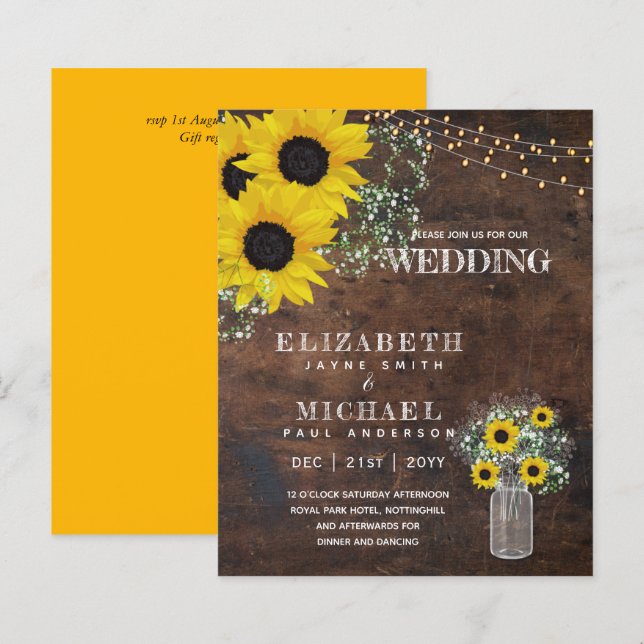 BUDGET Rustic Sunflower BabysBreath Wedding Invite (Front/Back)