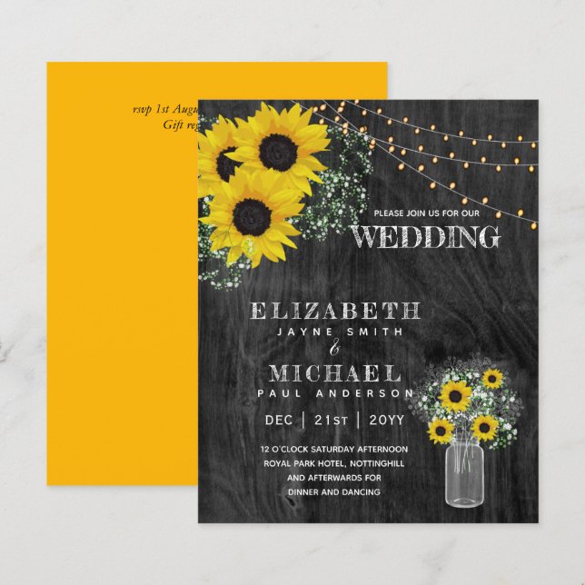 BUDGET Rustic Sunflower BabysBreath Wedding Invite (Front/Back)