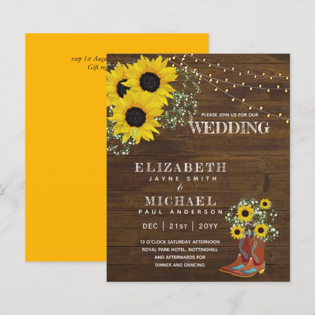 BUDGET Rustic Sunflower BabysBreath Wedding Invite (Front/Back)