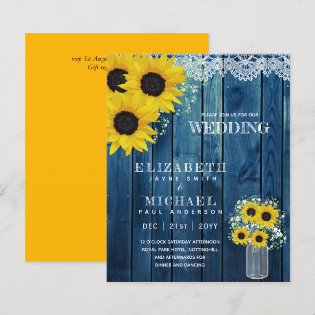 BUDGET Rustic Sunflower BabysBreath Wedding Invite (Front/Back)