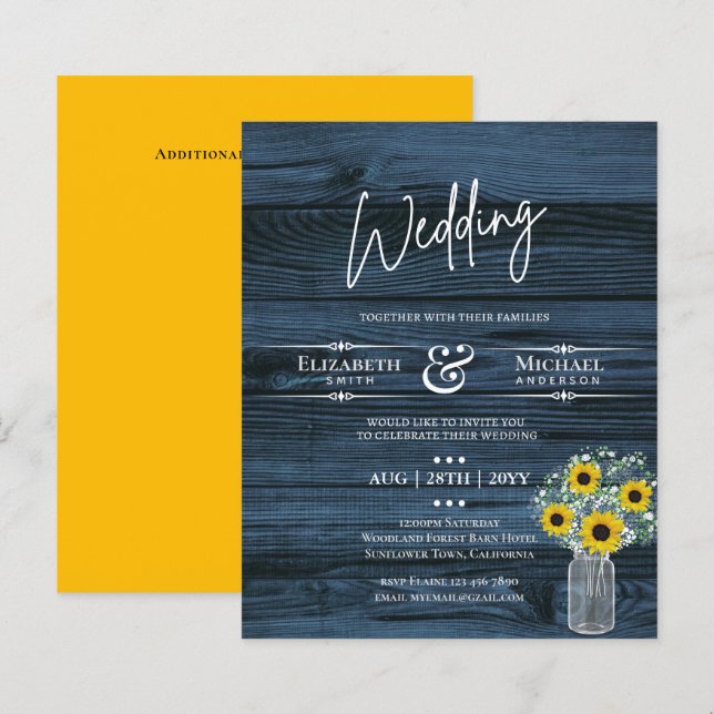 BUDGET Rustic Sunflower Blue Yellow Wedding Invite (Front/Back)