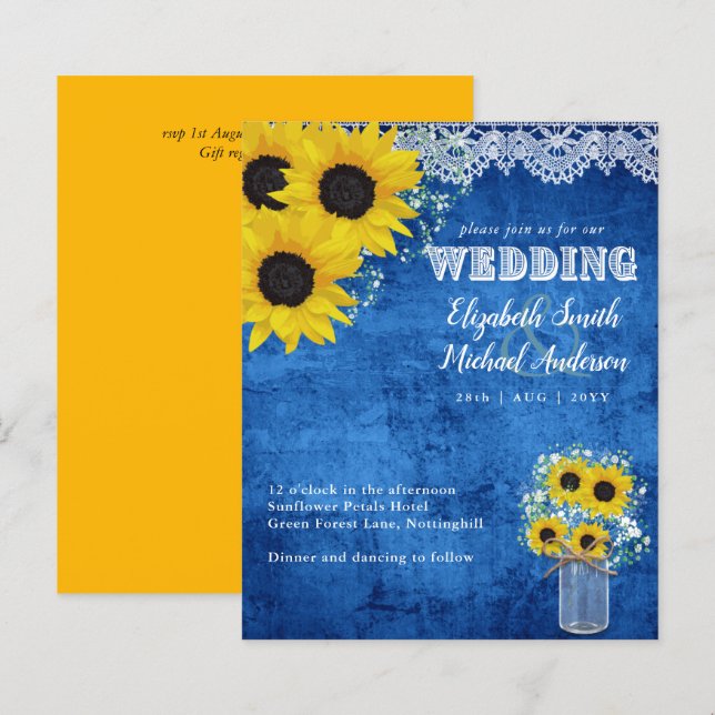 BUDGET Rustic Sunflower Blue Yellow Wedding Invite (Front/Back)