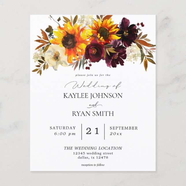Budget Rustic Sunflower & Burgundy Floral Wedding Flyer (Front)