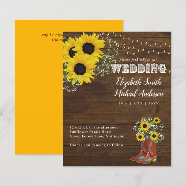 BUDGET Rustic Sunflower Cowboy Boot Wedding Invite (Front/Back)