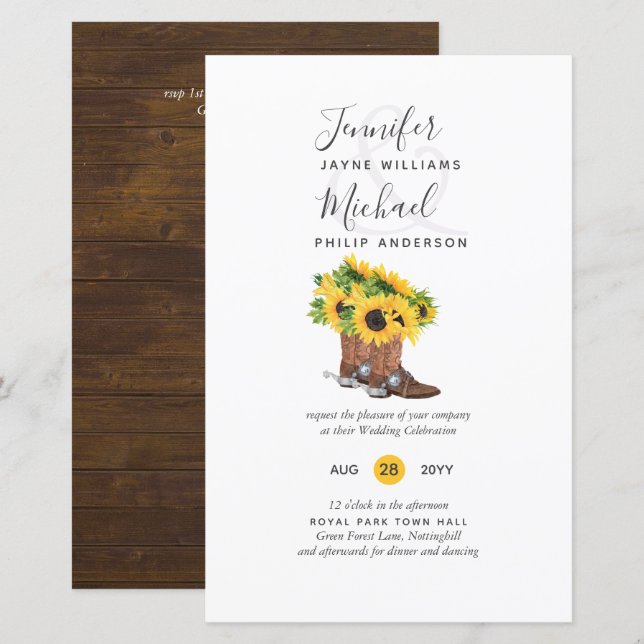 BUDGET Rustic Sunflower Cowboy Boots Wedding Inv (Front/Back)