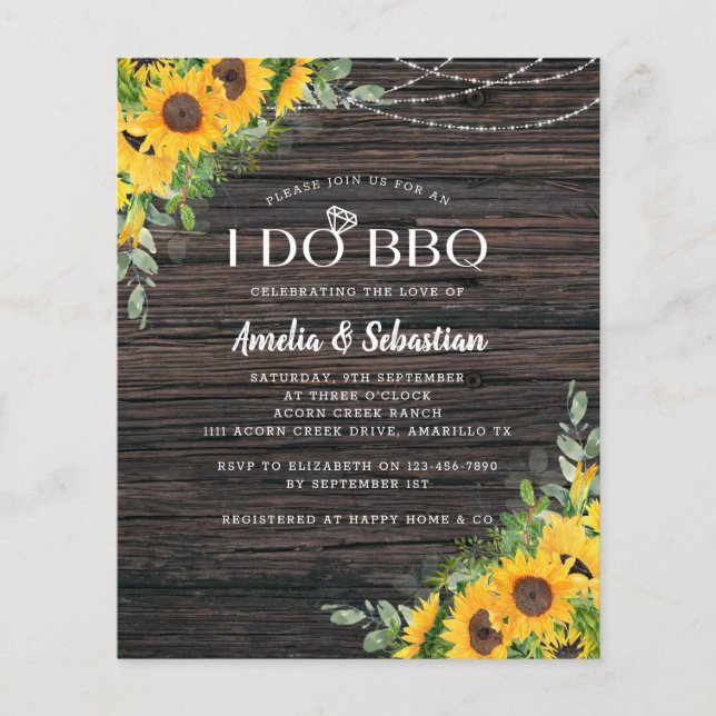 BUDGET Rustic Sunflower Eucalyptus I Do BBQ Invite (Front)