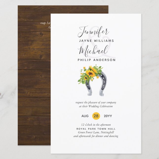 BUDGET Rustic Sunflower Horseshoe Barn Wedding Inv (Front/Back)