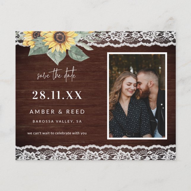 Budget Rustic Sunflower & Lace Photo Save The Date Flyer (Front)