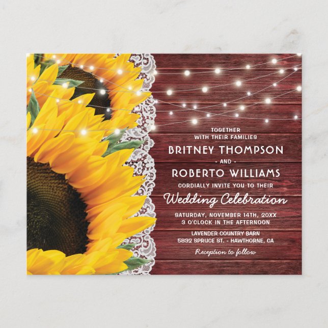 Budget Rustic Sunflower Lace Wedding Invitation (Front)