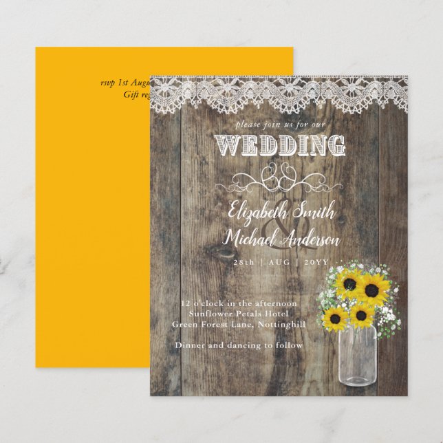 BUDGET Rustic Sunflower Lace Wood Wedding Invite (Front/Back)