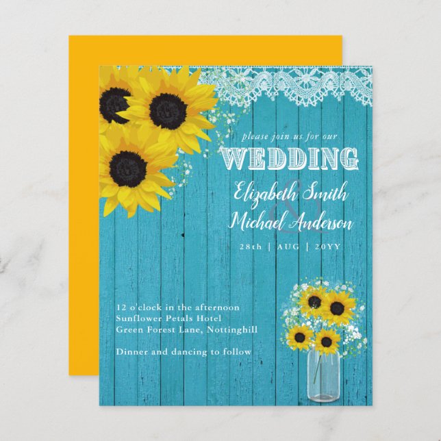 BUDGET Rustic Sunflower Teal Yellow Wedding Invite (Front/Back)