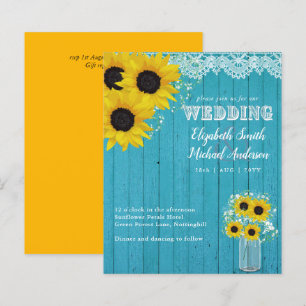 BUDGET Rustic Sunflower Teal Yellow Wedding Invite