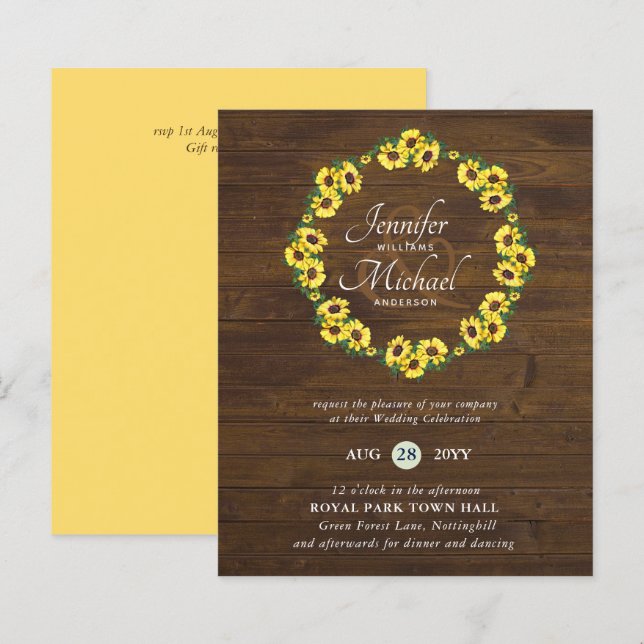BUDGET Rustic Sunflower Wreath Wedding Invite (Front/Back)