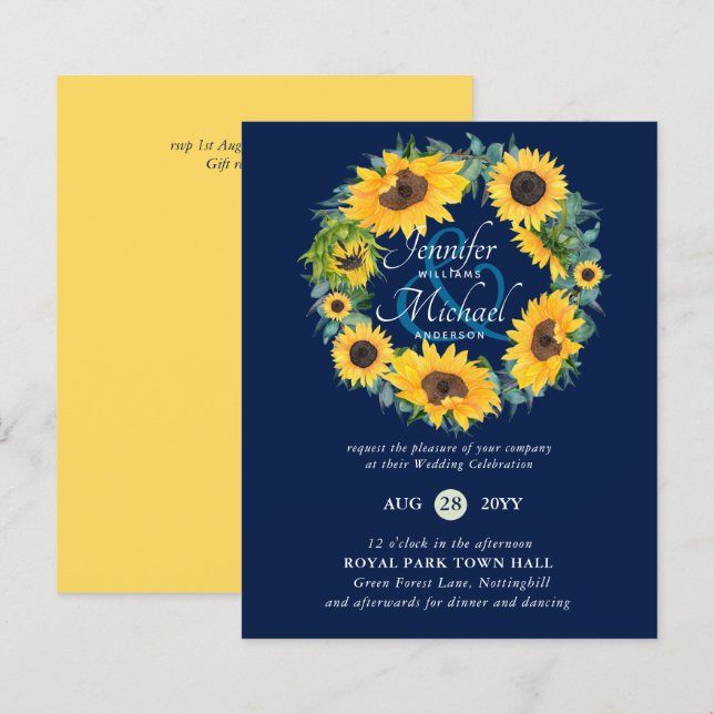 BUDGET Rustic Sunflower Wreath Wedding Invite (Front/Back)