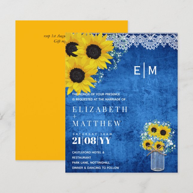 BUDGET Rustic Sunflowers Blue Wedding Invite (Front/Back)