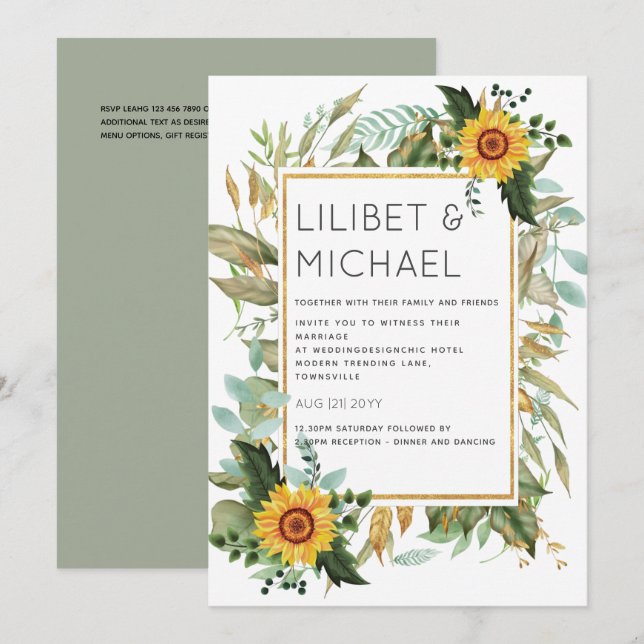 Budget Rustic Sunflowers BOHO Greenery Wedding Inv Invitation (Front/Back)