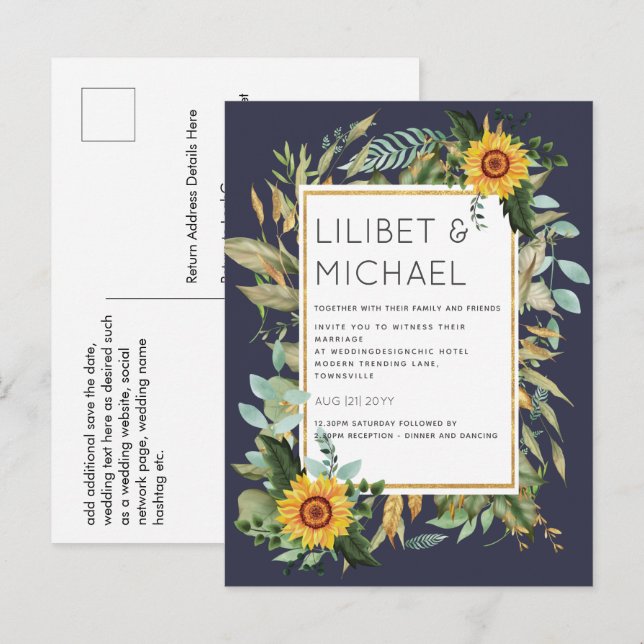 Budget Rustic Sunflowers BOHO Greenery Wedding Inv Postcard (Front/Back)