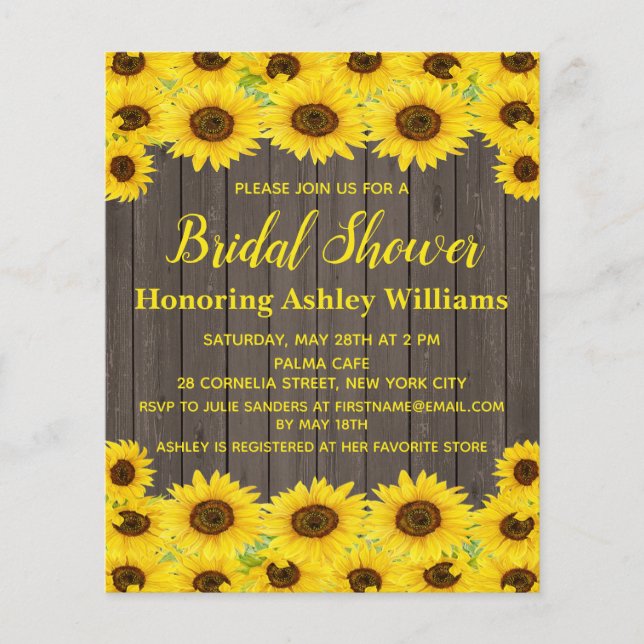 Budget Rustic Sunflowers Bridal Shower Invitation (Front)