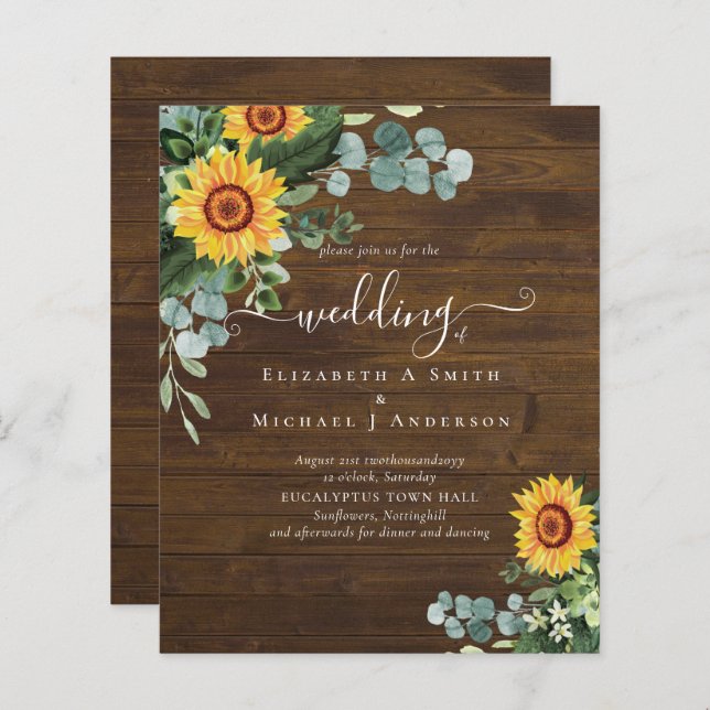 BUDGET Rustic Sunflowers Eucalyptus Leaves Wedding (Front/Back)