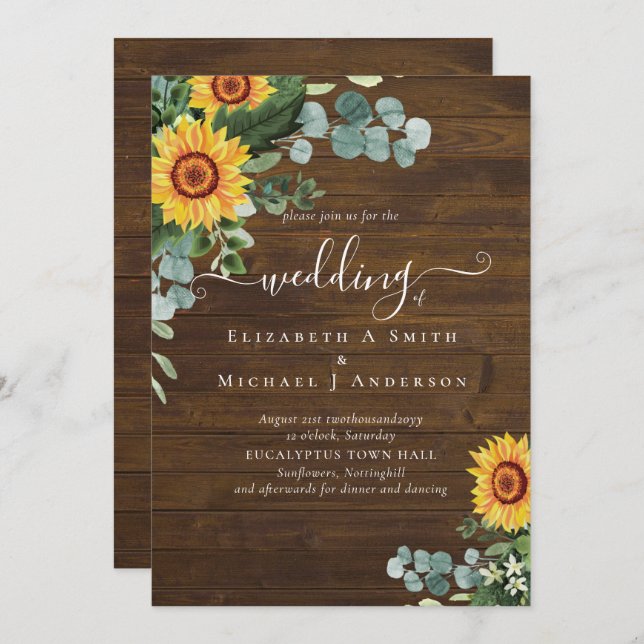 BUDGET Rustic Sunflowers Eucalyptus Leaves Wedding (Front/Back)