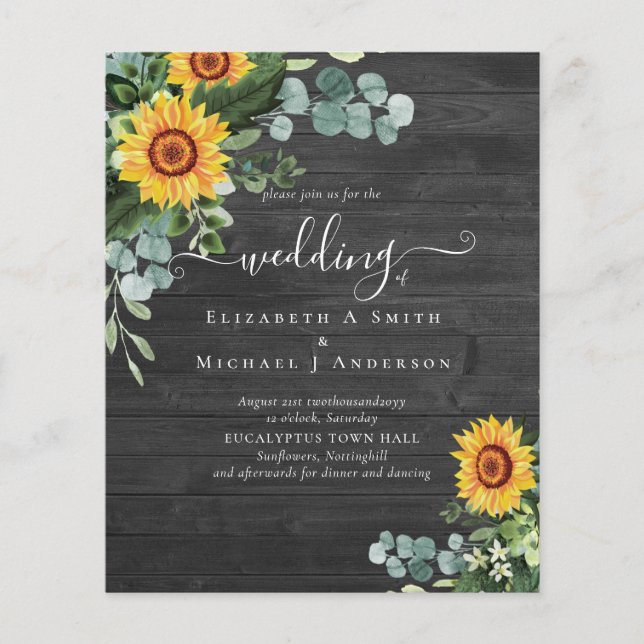 BUDGET Rustic Sunflowers Eucalyptus Leaves Wedding Flyer (Front)