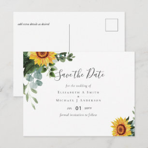 BUDGET Rustic Sunflowers Eucalyptus Leaves Wedding Postcard