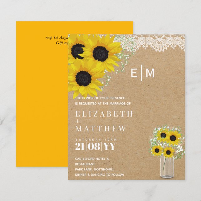 BUDGET Rustic Sunflowers Gypsophila Wedding Invite (Front/Back)