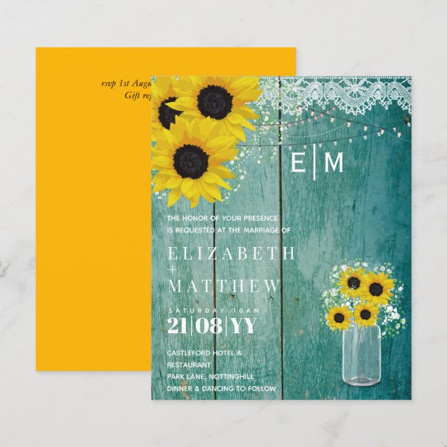 BUDGET Rustic Sunflowers Gypsophila Wedding Invite (Front/Back)