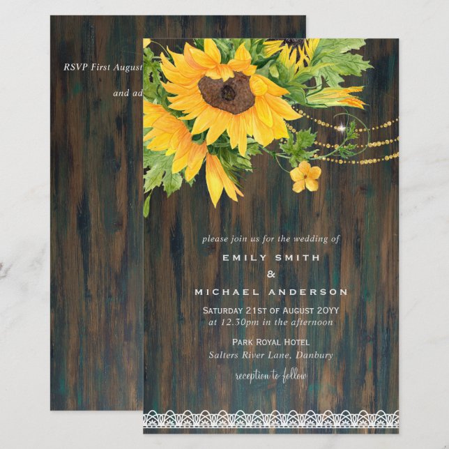 Budget Rustic Sunflowers Lights Lace Wedding Inv (Front/Back)