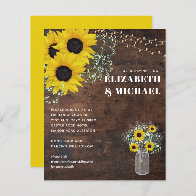 BUDGET Rustic Sunflowers Lights Wedding Invite (Front/Back)