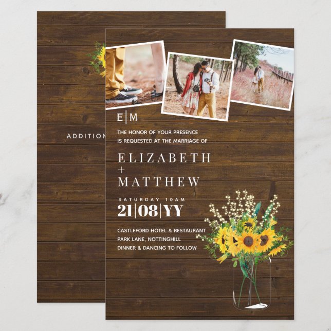 BUDGET Rustic Sunflowers mason Jar Wedding Invite (Front/Back)