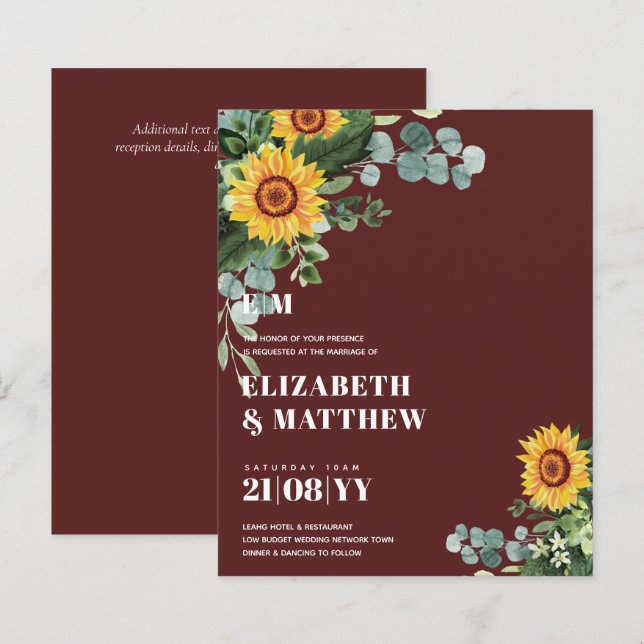 BUDGET Rustic Sunflowers Modern Text Wedding (Front/Back)