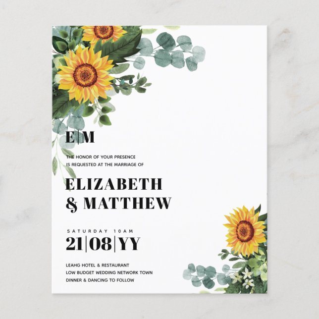 BUDGET Rustic Sunflowers Modern Text Wedding Flyer (Front)