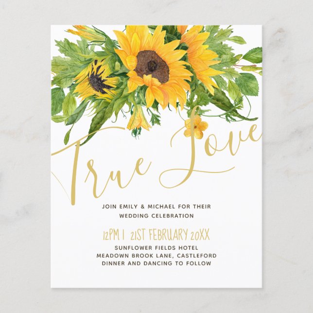 Budget Rustic Sunflowers Script Wedding Invitation (Front)