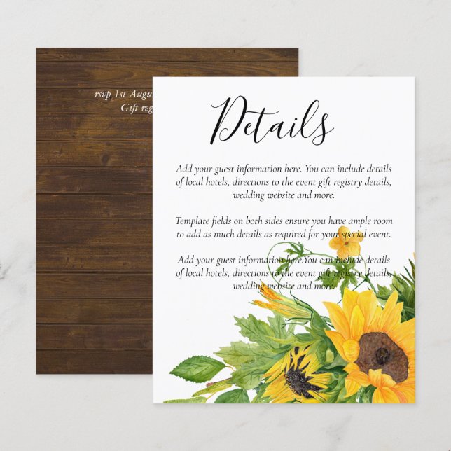 BUDGET Rustic Sunflowers Wedding Details Enclosure (Front/Back)