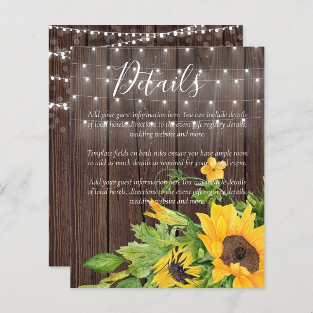 BUDGET Rustic Sunflowers Wedding Details Enclosure (Front/Back)
