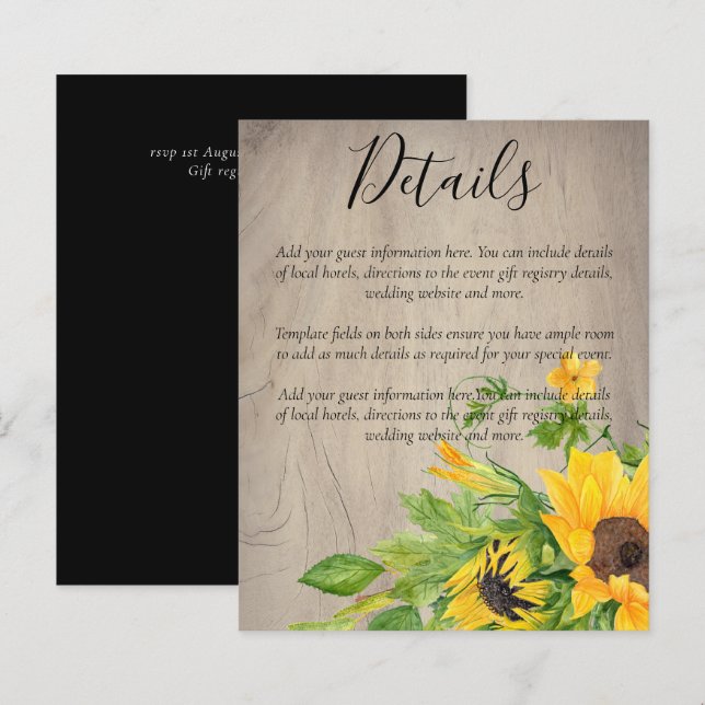 BUDGET Rustic Sunflowers Wedding Details Enclosure (Front/Back)