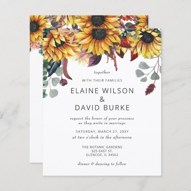 Budget Rustic Sunflowers Wedding Invitation (Front/Back)