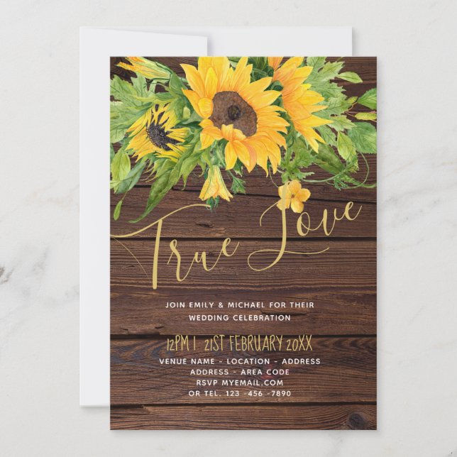 Budget Rustic Sunflowers Wood Wedding Invitations (Front)