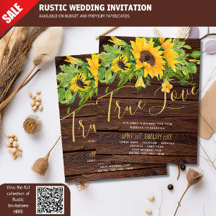 Budget Rustic Sunflowers Wood Wedding Invitations