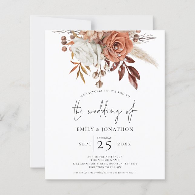 Budget Rustic Terracotta Florals QR Wedding Invite (Front)