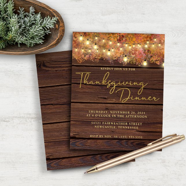 Budget Rustic Thanksgiving String Lights Wood (Budget Rustic Thanksgiving String Lights Wood Dinner Invitation)