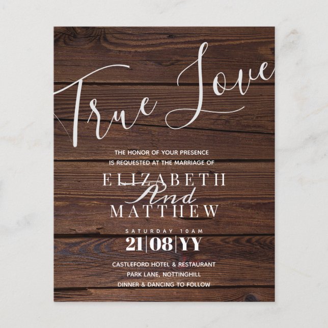 Budget Rustic Typography Wood Wedding Invitation (Front)