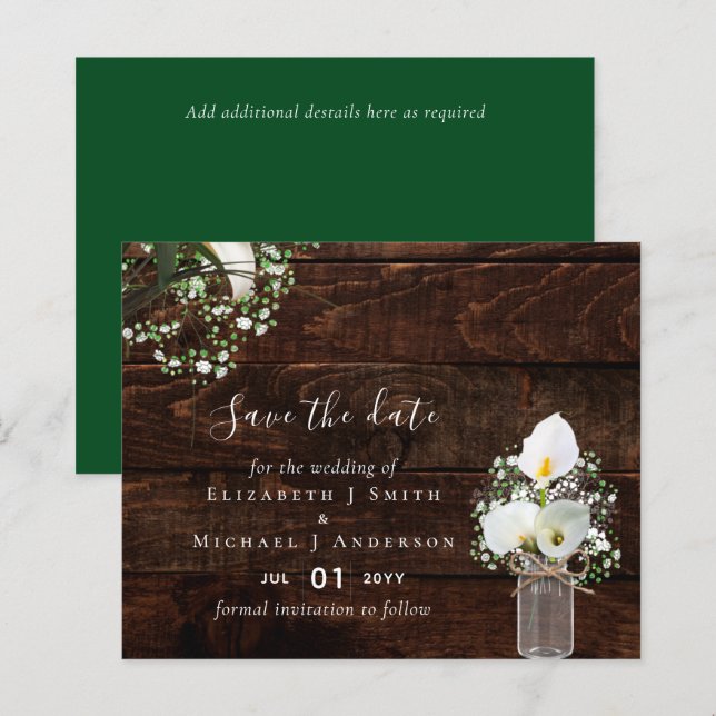 Budget Rustic White Calla Lilies Wedding Save Date (Front/Back)