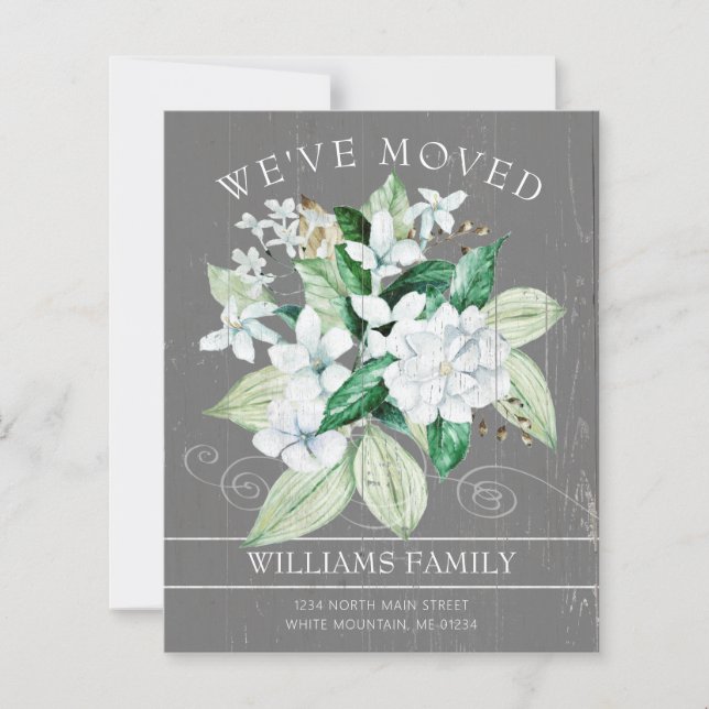 Budget Rustic White Magnolia Floral Moving Card (Front)