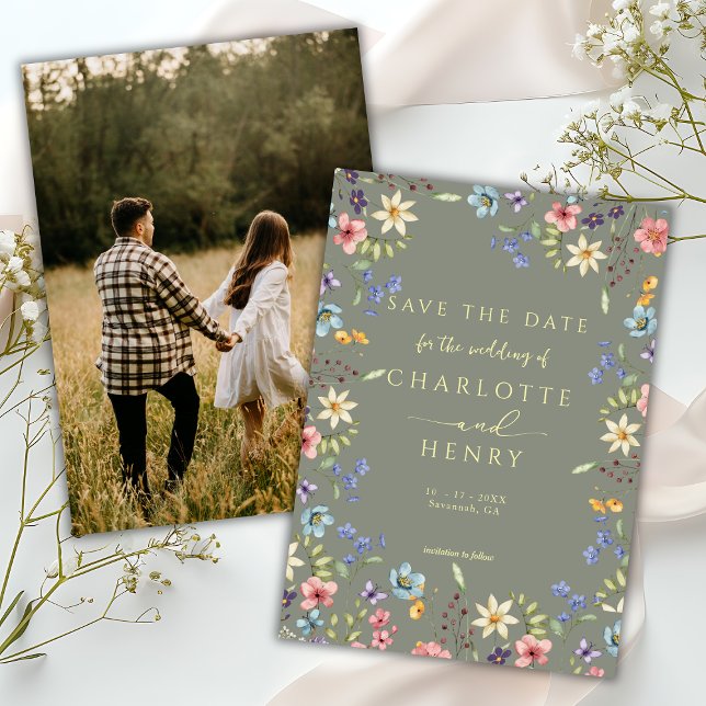 Budget Rustic Wildflower Sage Photo Wedding Save The Date (Creator Uploaded)