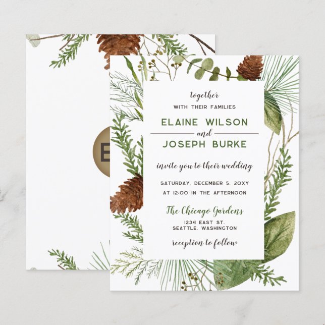 Budget Rustic Winter Pine cone Wedding Invitation (Front/Back)