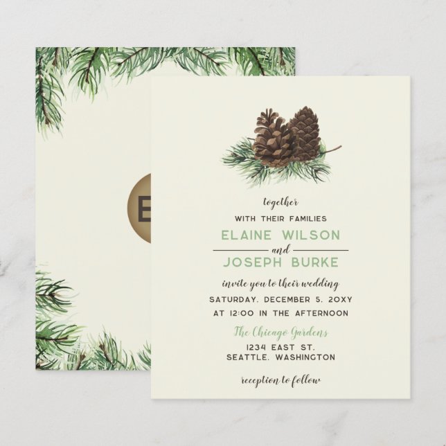 Budget Rustic Winter Pine Cone Wedding Invitation (Front/Back)
