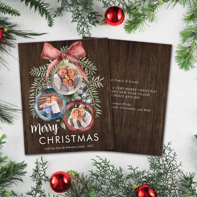 Budget Rustic Wood 3 Photo Christmas Ornament Card (Creator Uploaded)